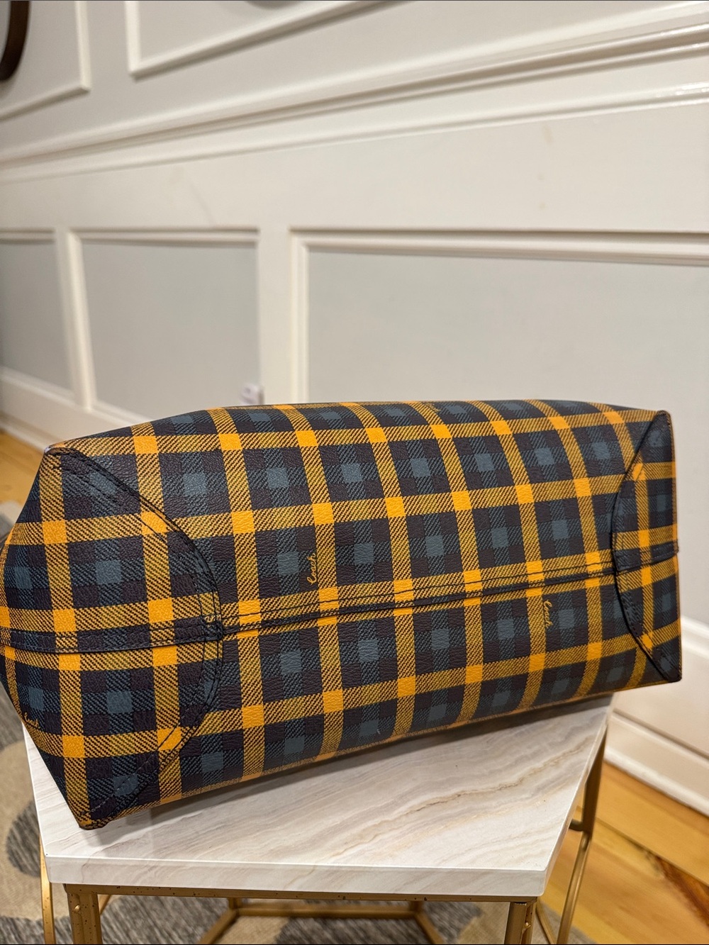 Coach Bag Reversible Plaid Checkered Yellow Blue City Tote with Removable Pouch - Picture 11 of 17